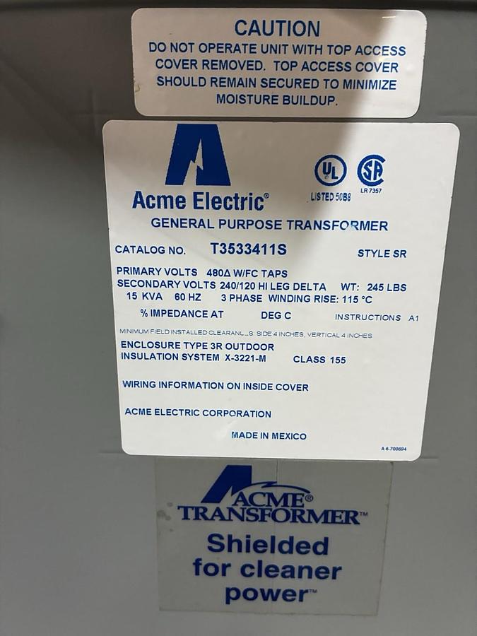 Used ACME,T3533411S,TRANSFORMER 15 KVA HV 480D LV 240/120V 3PH