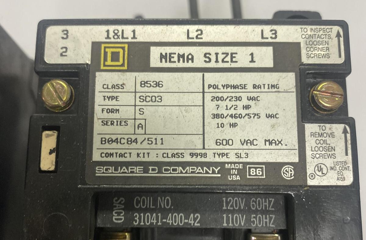 Used Square D,8536 SC0-3,Motor Starter 600V Lot Of 2