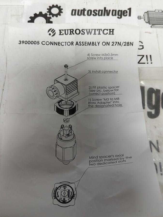 EUROSWITCH,3900005,CONNECTOR ASSEMBLY PRESSURE SWITCH 27N/26N NOS