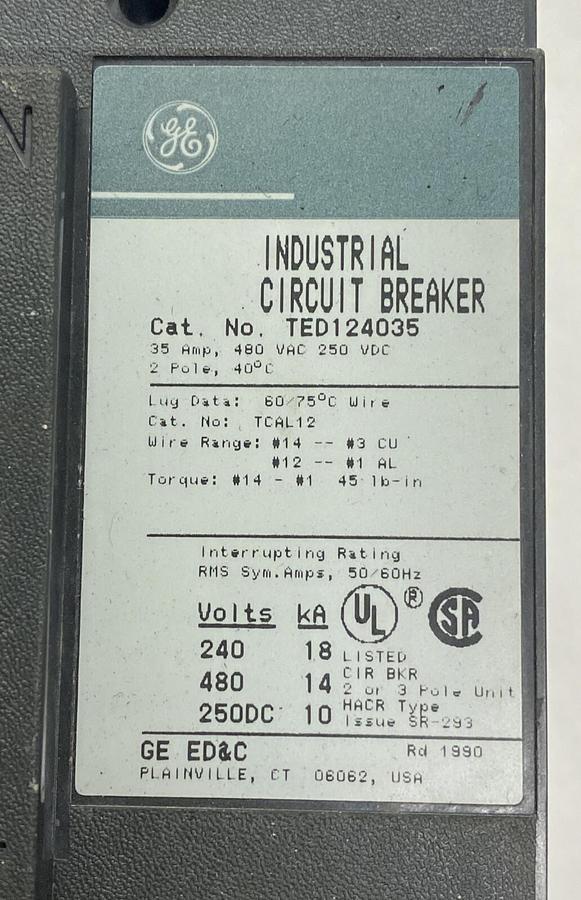 Used GENERAL ELECTRIC,TED124035,CIRCUIT BREAKER 35A 2P 480V