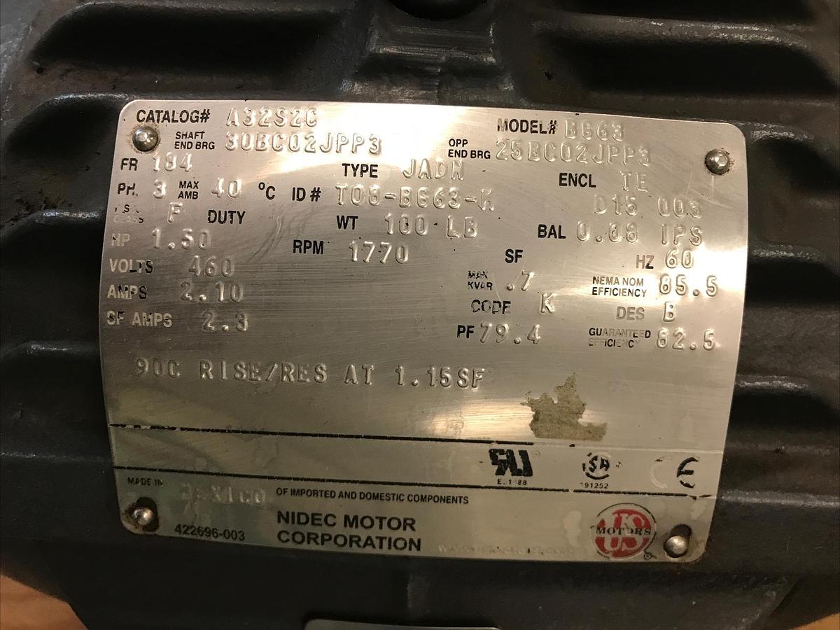 Nidec,A32S2C,Motor 1.5Hp 1770RPM 460V Frame 184