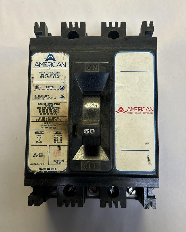 Used AMERICAN,NE331050,CIRCUIT BREAKER 50A 240V 3P