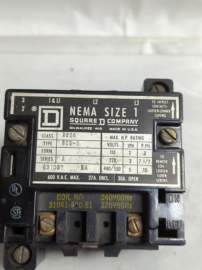 Used SQUARE D,8536-SCG3,CONTACTOR SERIES A SIZE 1 PRE-OWNED