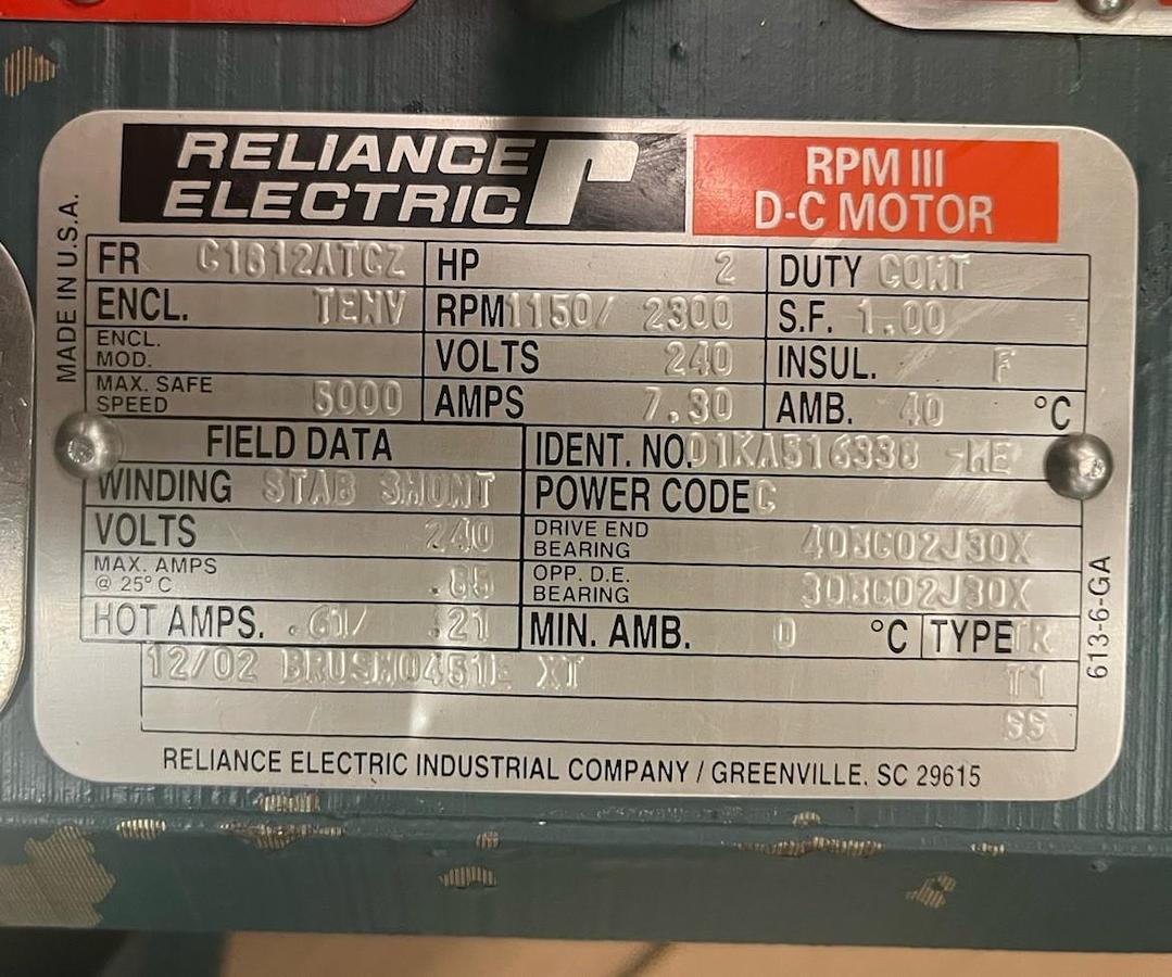 Used RELIANCE,C1812ATCZ,RPM III DC MOTOR 2HP 1150/2300RPM 240VDC