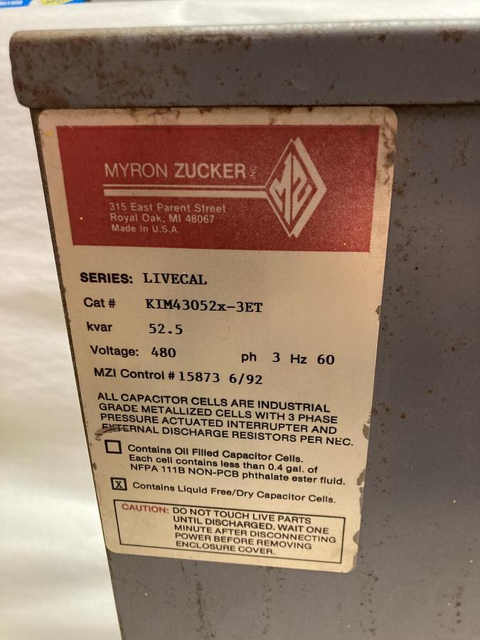 Used Myron Zucker,KIM43052x-3ET,3-Phase Calmount Capacitor 52.5kvar 480V 60Hz