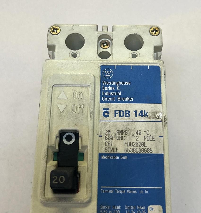 Used WESTINGHOUSE,FDB2020L,CIRCUIT BREAKER 20A 600V 2 POLE