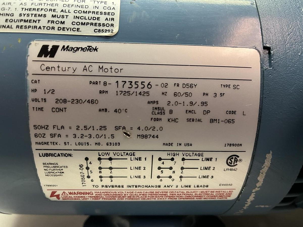 Used THOMAS,GH-505B,AIR COMPRESSOR 1/2HP 3PH 50PSIG