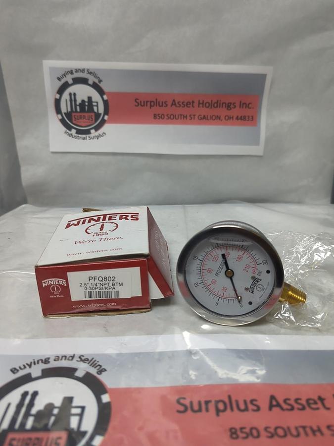 WINTERS,PFQ802,PRESSURE GAUGE 2-1/2 IN FACE 1/4 IN NPT BOTTOM 0-30 PSI/KPA NOS