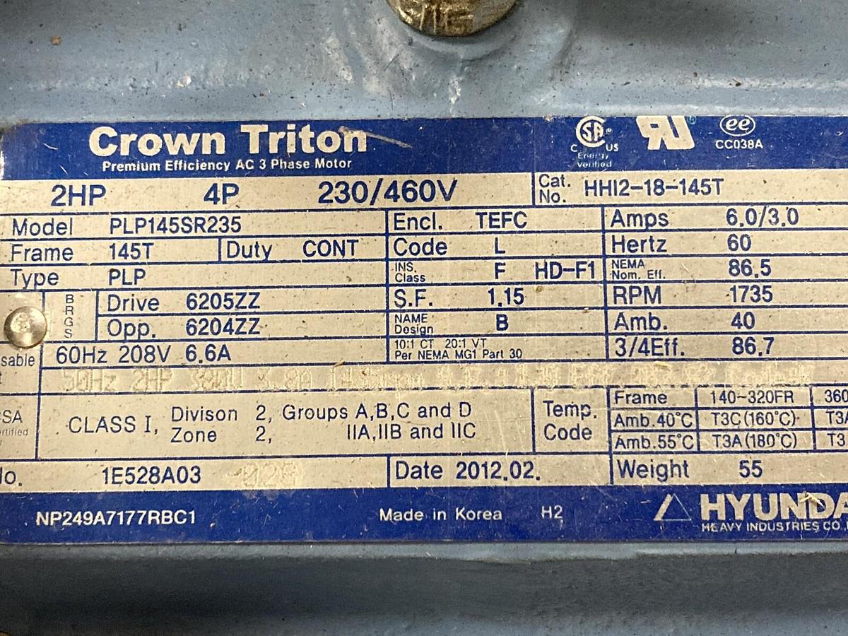 Used Crown Triton,PLP145SR235,2HP 3 Phase Motor 1735 RPM 230/460V  145T Frame