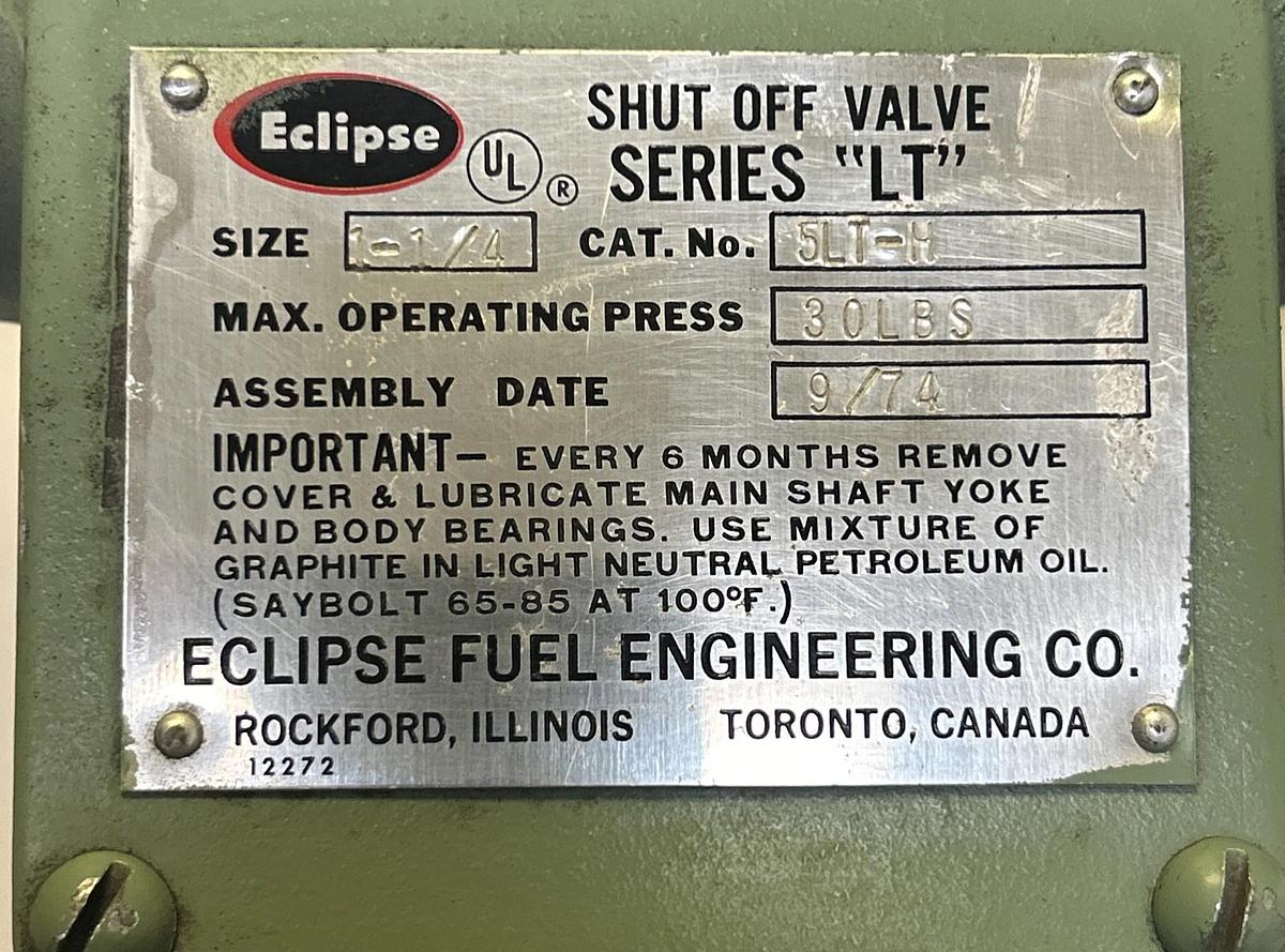 Used ECLIPSE,5LT-H,SHUT OFF VALVE 1-1/4 INCH