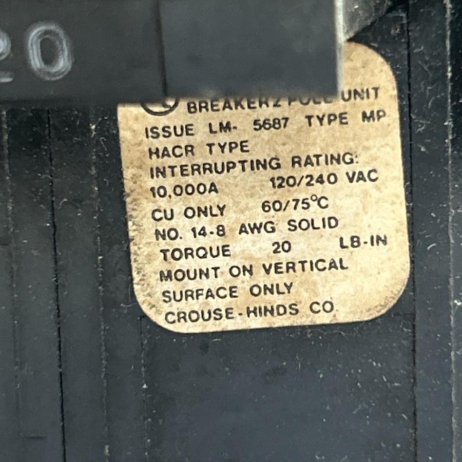 Used CROUSE HINDS,MP220,CIRCUIT BREAKER 20A 120/240V 2P LOT OF 2