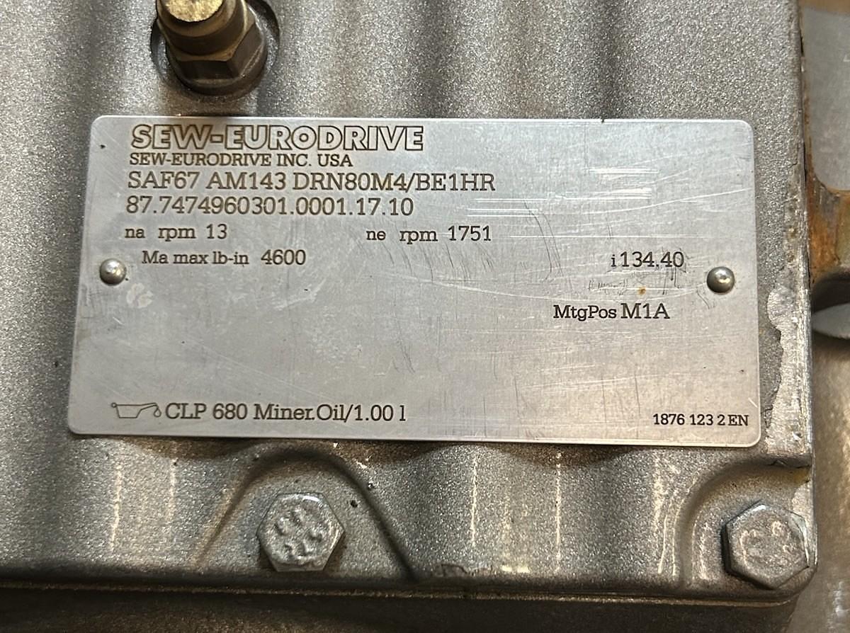 Used SEW-EURODRIVE,SAF67AM143DRN80M4/BE1HR,GEAR REDUCER 1751RPM