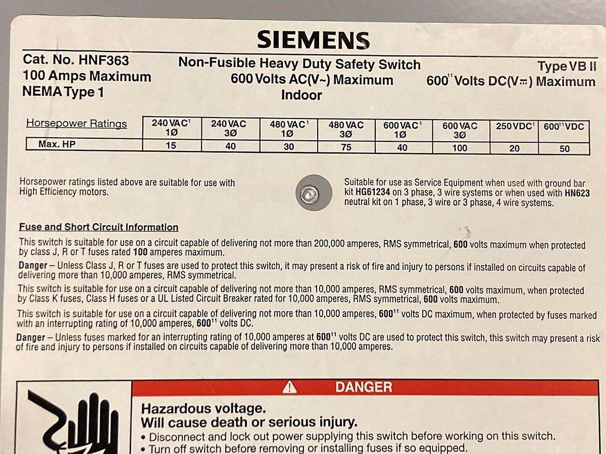 Used Siemens,HNF363,Non-Fusible Heavy Duty Safety Switch 100A 600VAC