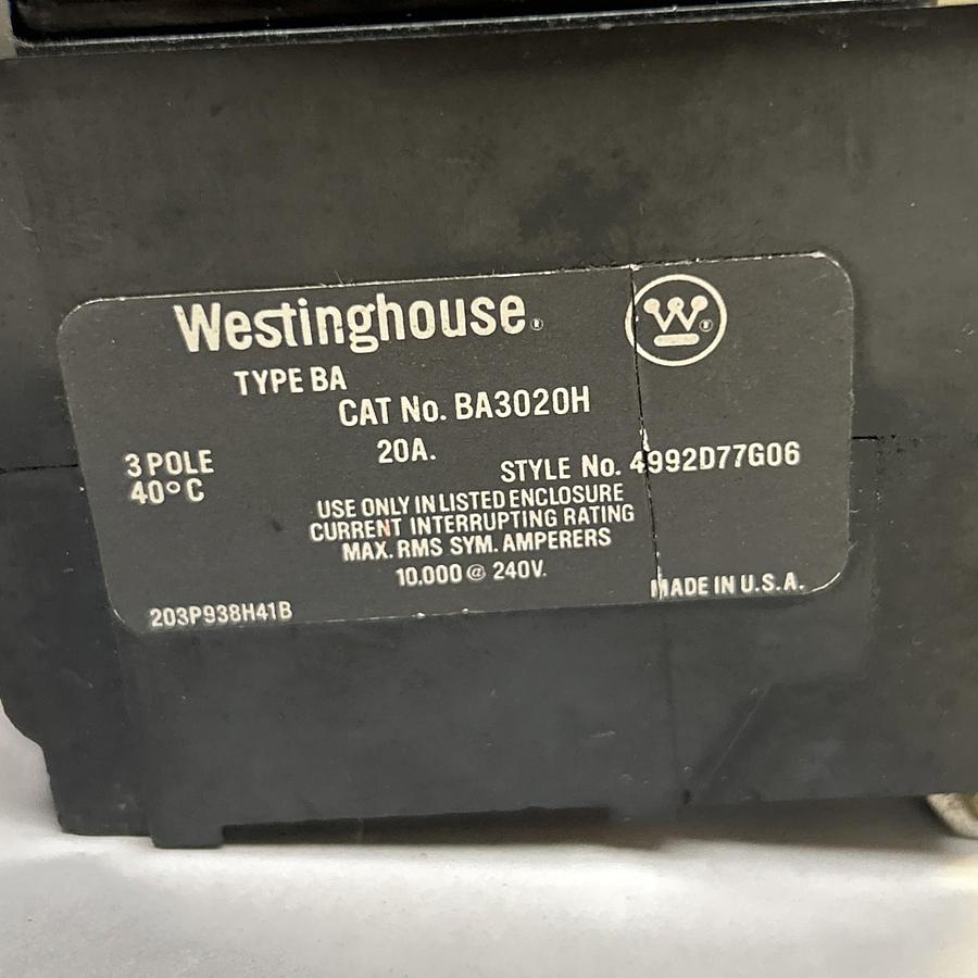 Used WESTINGHOUSE,BA3020H,CIRCUIT BREAKER 20A 240V 3P LOT OF 3