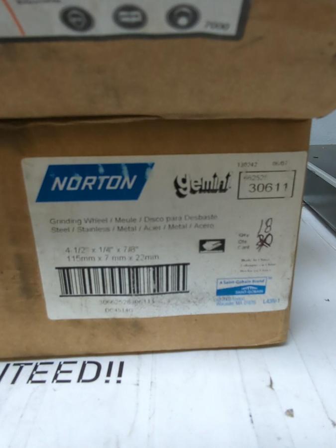 NORTON GEMINI,30611,4-1/2 INCH X 1/4 INCH X 7/8 INCH GRINDING WHEEL LOT OF 18
