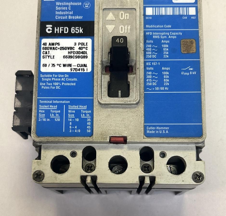 Used CUTLER-HAMMER,HFD3040L,CIRCUIT BREAKER 40A 600V 3P