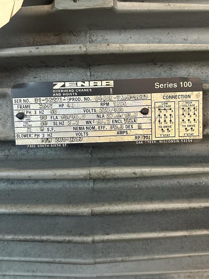 Used ZENAR,01-5827C-1,CRANE AND HOIST MOTOR 40HP 1200RPM 3PH 364T FRAME