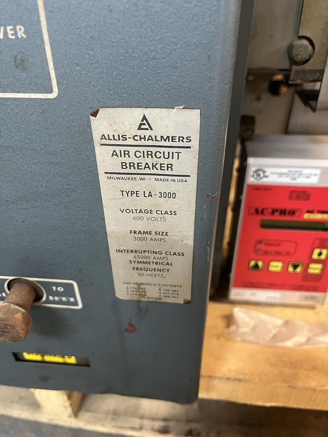 Used ALLIS CHALMERS,LA-3000,AIR CIRCUIT BREAKER 3000 AMP 600V AC PRO TRIP UNIT
