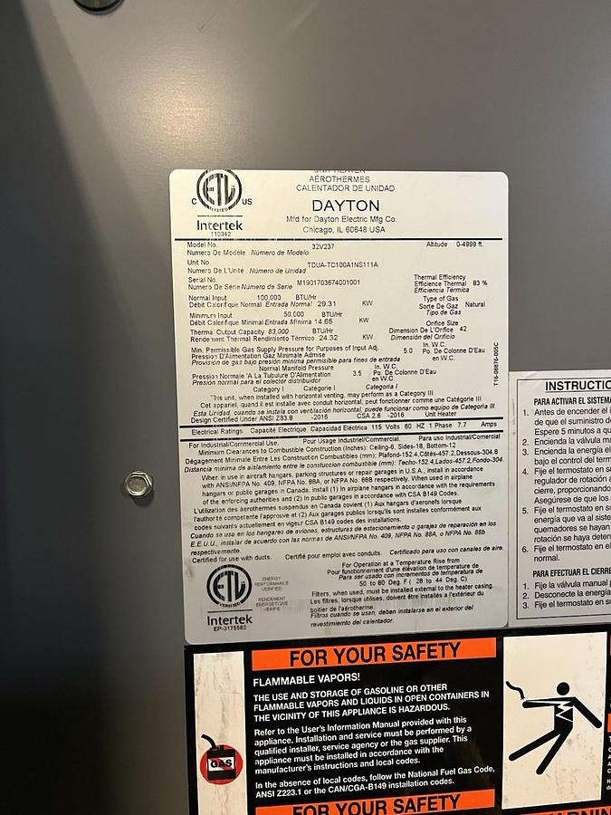 DAYTON,32V237,NATURAL GAS UNIT HEATER 100K BTU 115V 1PH