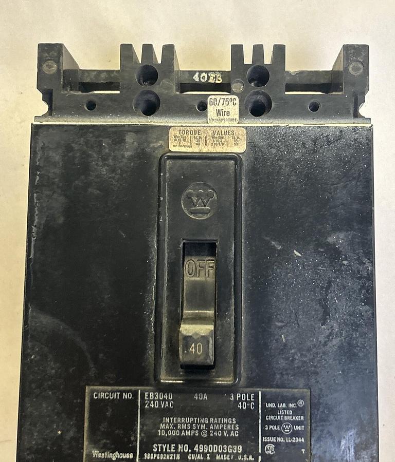 Used WESTINGHOUSE,EB3040,CIRCUIT BREAKER 40A 240V 3P