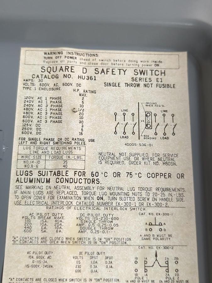 SQUARE D,HU361,SAFETY SWITCH SERIES E1 30 AMP 600 VAC VDC NOS