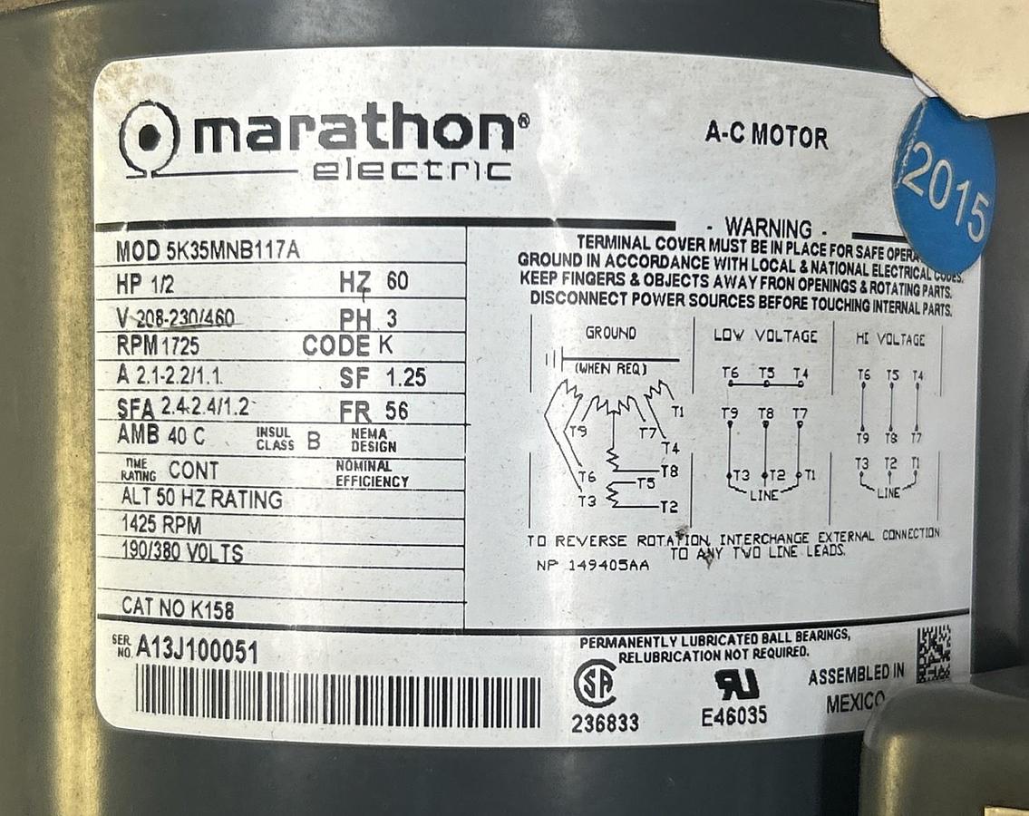 Used GE,5K35MNB117A,AC MOTOR 1/2HP 1725RPM 208-230/460V 3PH 56 FRAME