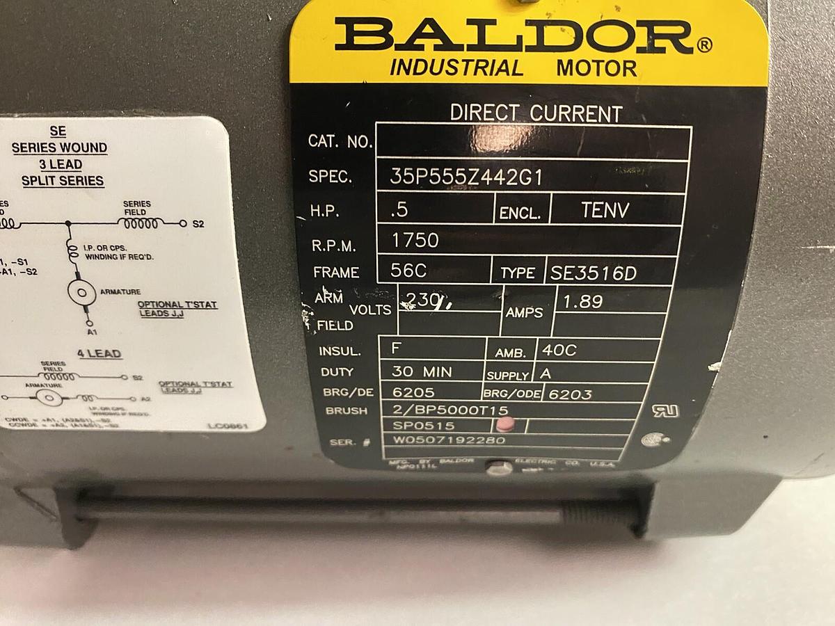 BALDOR,35P555Z442G1 1/2HP,DC MOTOR 1750RPM 56C 230VDC