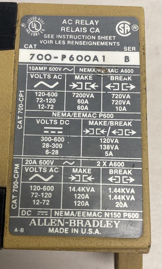 Used Allen Bradley,700-P600A1,Series B Control Relay