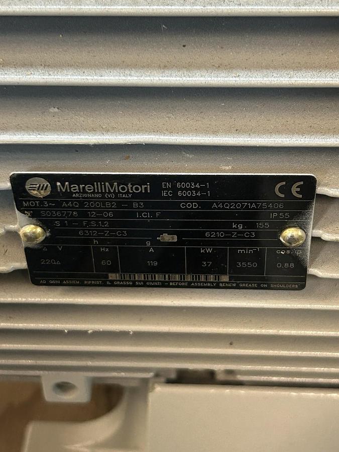 Used MARELLI MOTORI,A4Q200LB2-B3,MOTOR 37KW 50HP 220V 3550RPM 3PH