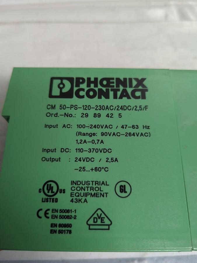 Used PHOENIX CONTACT,CM 50-PS-120-230AC/24DC/2 5/F,POWER SUPPLY TYPE 29 39 42 5