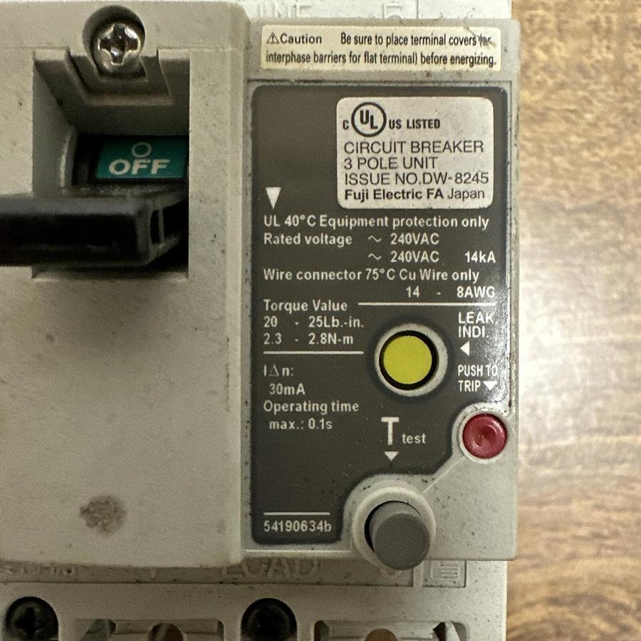 Used Fuji Electric,EW50RAGU 3P030,30Amp Circuit Breaker