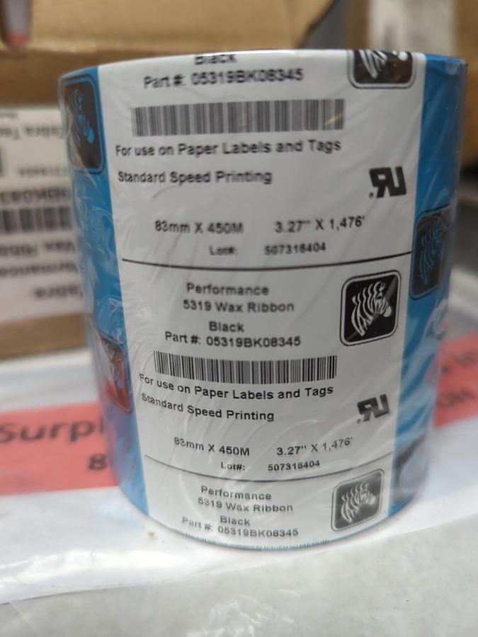 Used ZEBRA,5319,BLACK WAX RIBBON PACK OF 6 ROLLS 83MMX50M/3.27"X1476' EACH NOS