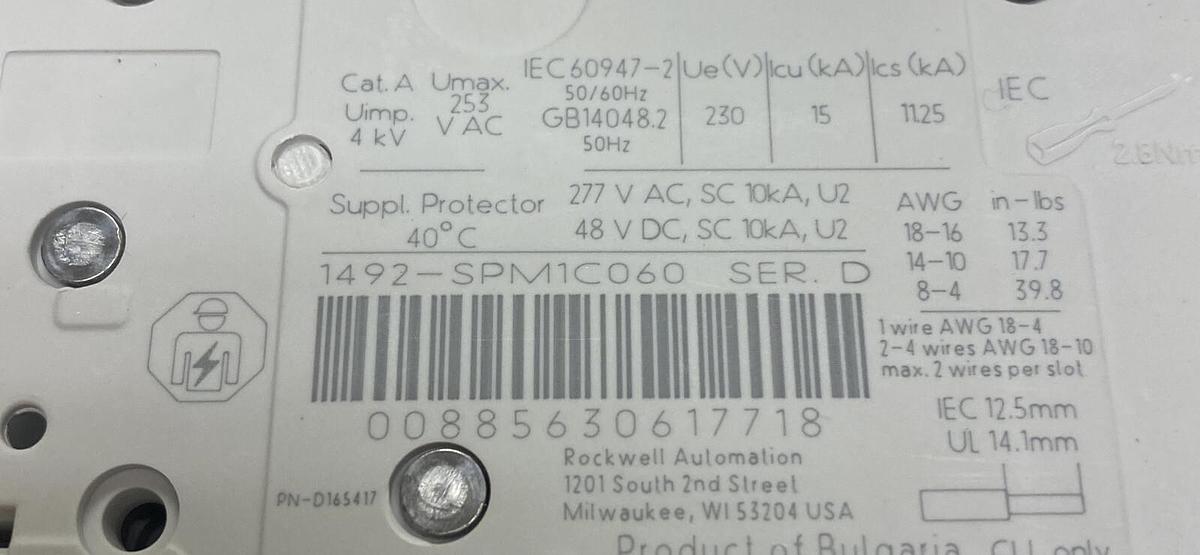 ALLEN BRADLEY,1492-SPM1C060,SER D SUPPLEMENTARY PROTECTOR NEW NO BOX