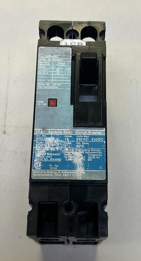 Used ITE SIEMENS,ED22B015,CIRCUIT BREAKER 15A 240V 2P