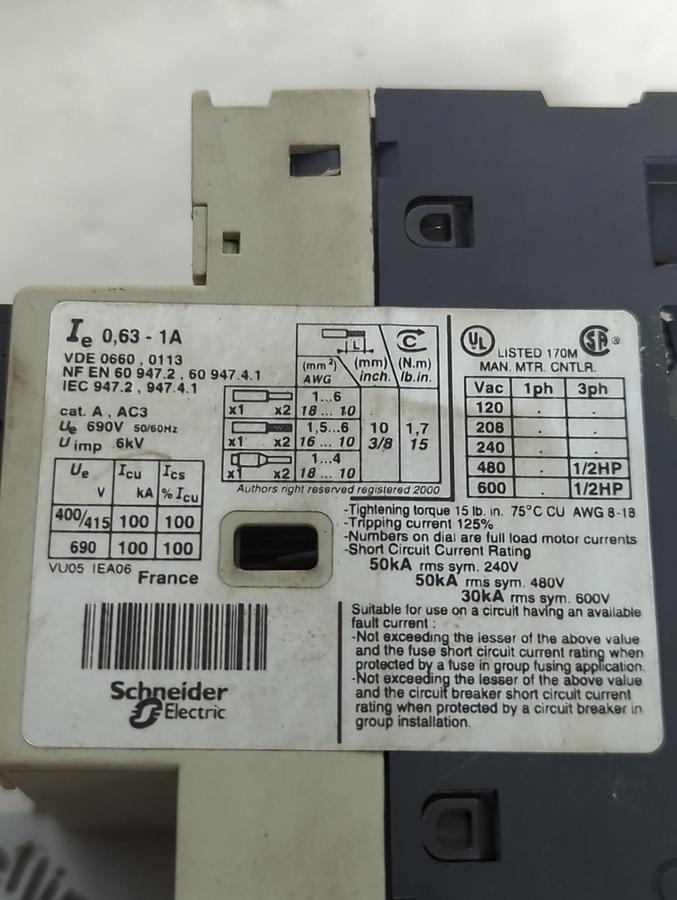 Used TELEMECANIQUE,GV2-M05,MOTOR STARTER CIRCUIT BREAKER PRE-OWNED