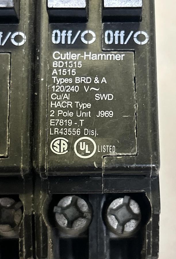 Used CUTLER-HAMMER,BD1515,TANDEM CIRCUIT BREAKER 15A 120/240V 2P LOT OF 6