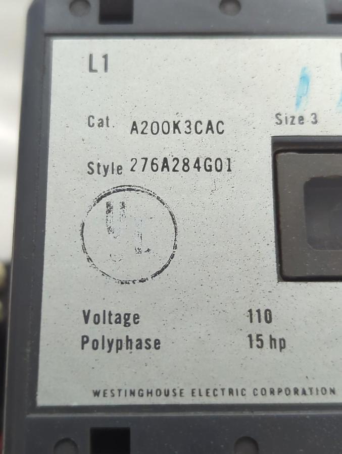 Used WESTINGHOUSE,A200K3C,MOTOR STARTER 90 AMP SIZE 3 STYLE 276A284G01 PRE-OWNED