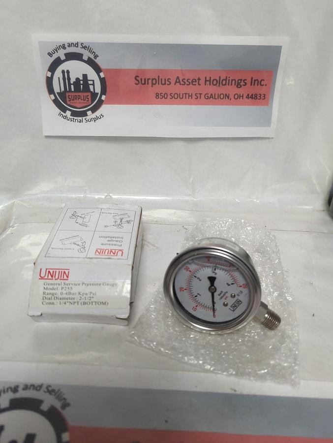 UNIJIN,P255,2-1/2 IN PRESSURE GAUGE 0-4BAR KPS/PSI 1/4 IN BOTTOM CONNECTION NOS