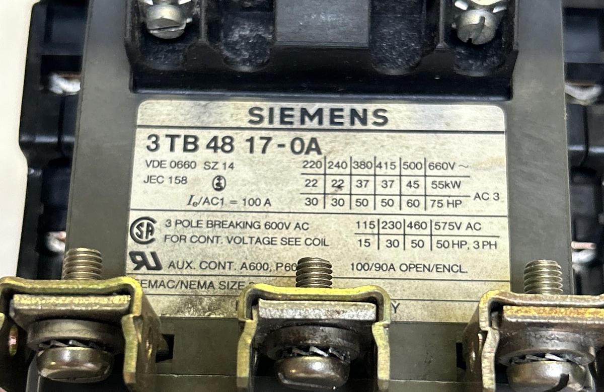 Used SIEMENS,3TB4817-0A,SIZE 3 CONTACTOR