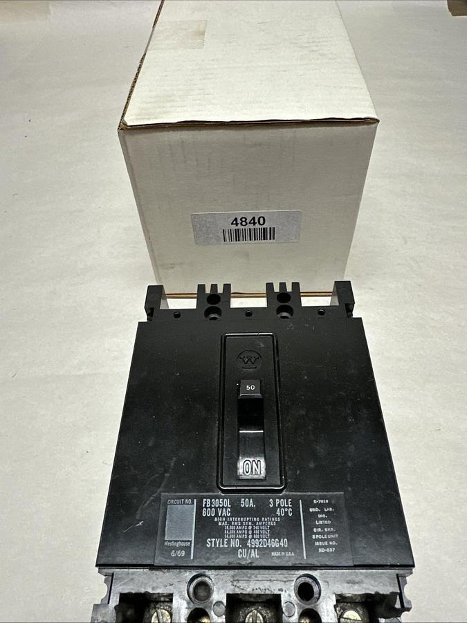 Used Westinghouse,FB3050L,50 Amp 3 Pole Circuit Breaker