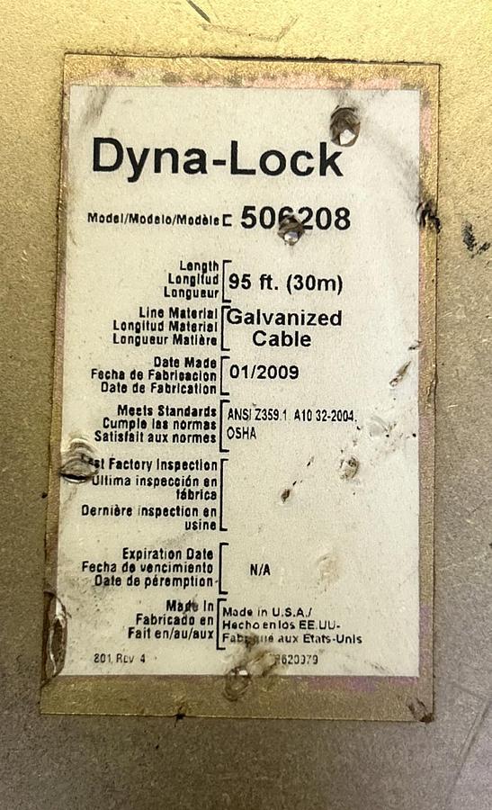 Used DYNA-LOCK,506208,SELF RETRACING GALVANIZED CABLE 95FT 400LB WILL LIFE