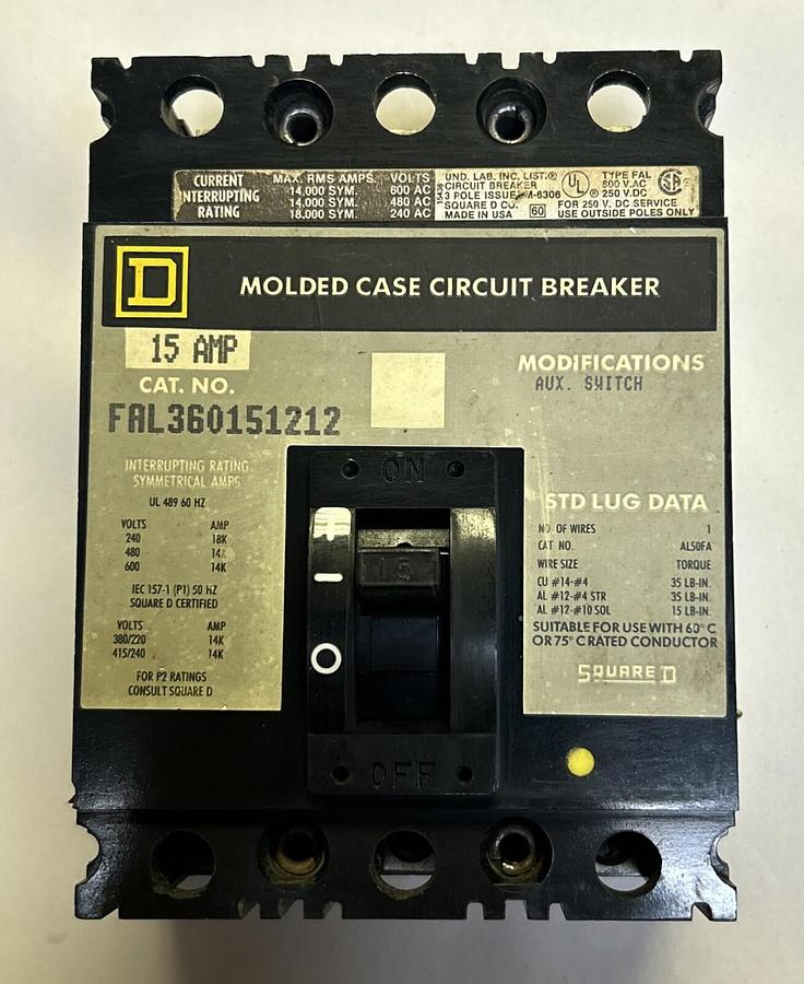Used SQUARE D,FAL360151212,CIRCUIT BREAKER 15A 600V 3P