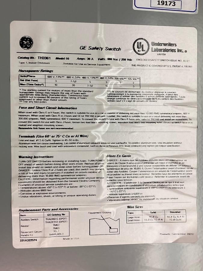 Used General Electric,TH3361,Fusible Heavy Duty Safety Switch 30A 600Vac 250Vdc