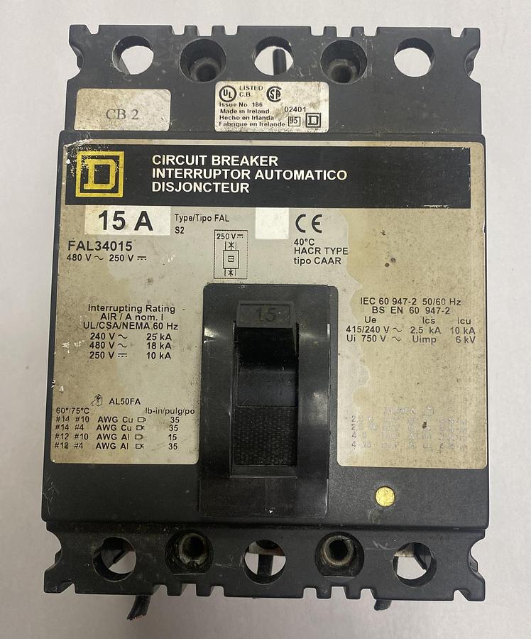Used Square D,FAL34015,Circuit Breaker 15A 480V 3 Pole