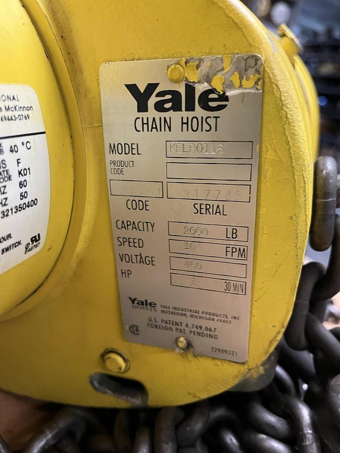 Used YALE,KELB0116,ELECTRIC HOIST 1 TON 3PH 460V 16 FPM
