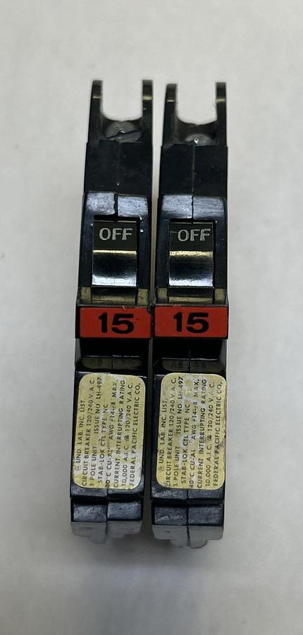 Used FEDERAL PACIFIC,NA115,CIRCUIT BREAKER 15A 120/240V 1P LOT OF 2