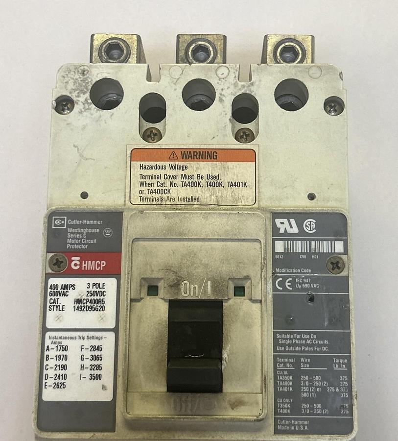 Used CUTLER-HAMMER,HMCP400R5,CIRCUIT BREAKER 400A 600V 3P