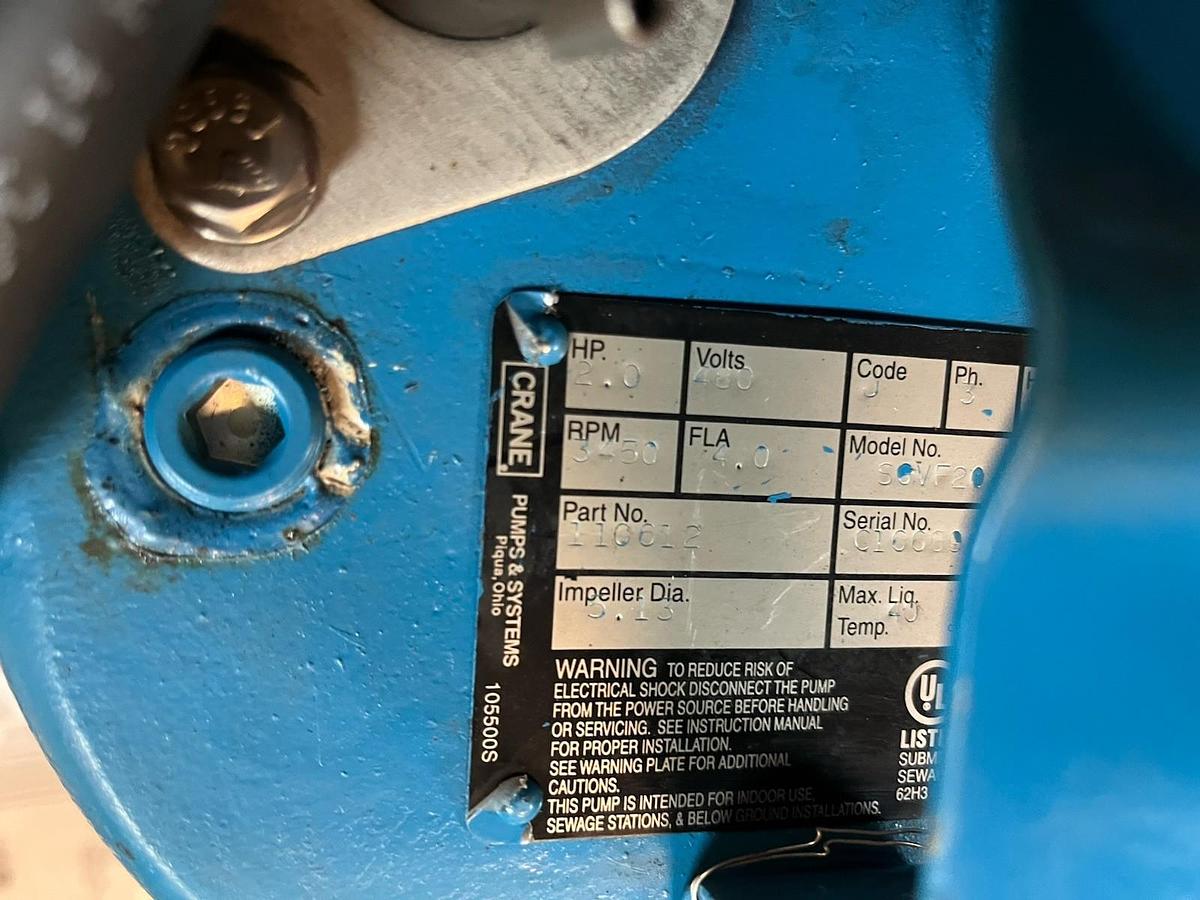 CRANE BARNES,SGVF2042L,SUBMERSIBLE SEWAGE PUMP 2HP 3PH 480V 1-1/4" DISCHARGE