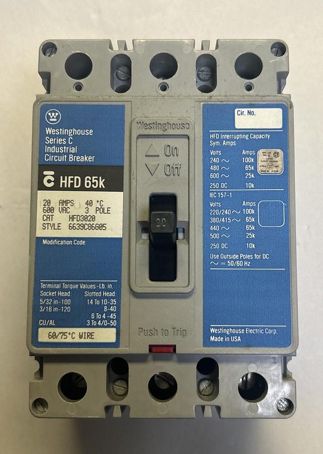 Used WESTINGHOUSE,HFD3020,CIRCUIT BREAKER 20A 600V 3P