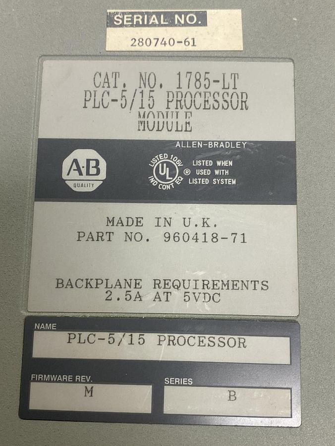 Used ALLEN BRADLEY,1785-LT,SER B PLC-5/15 PROCESSOR MODULE
